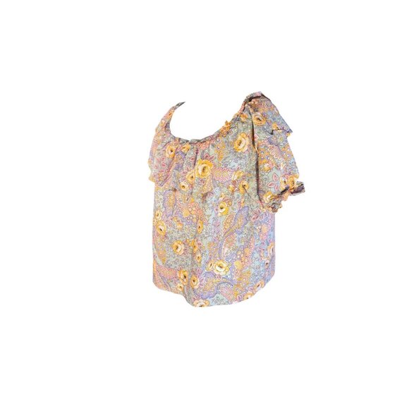 Good Luck Gem Floral Ruffled Blouse 100% Cotton Short Puff Sleeves Boho Chic - Picture 8 of 10